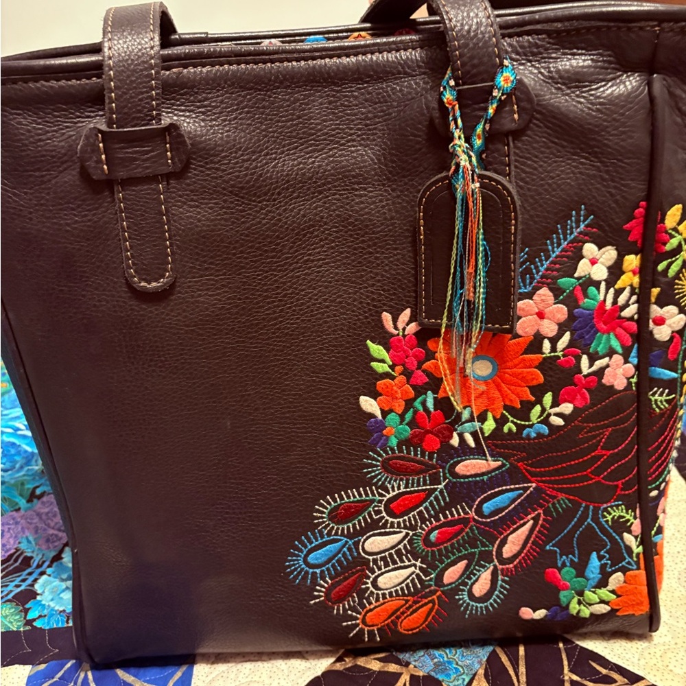Consuela Retired Black Tote with Peacock Colorful Floral Embroidery